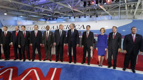 The 11 prospective candidates at the Republican Presidential Debate at the Reagan Library, Simi Valley, California, on 16 September 2015. Image sourced from CNN.com