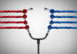 Image of stethoscope tugged in one direction by red strings and in other by blue strings.