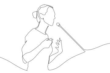 A sketch of a woman delivering a speech before audience