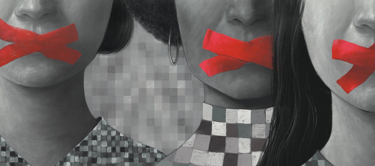 An illustration depicting women with red bands over their moths implying the idea of restricted freedom of speech and expression of democracy