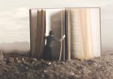 An illustration depicting a woman leafing through a giant book